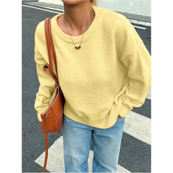 Women's Oversized Crew Neck Sweater Long Sleeve Lightweight Pullover - Picture 3 of 5